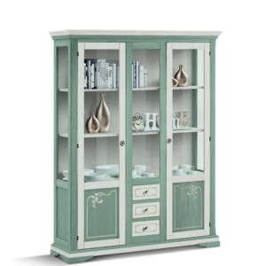 wooden display cabinet with two glass doors and three drawers
